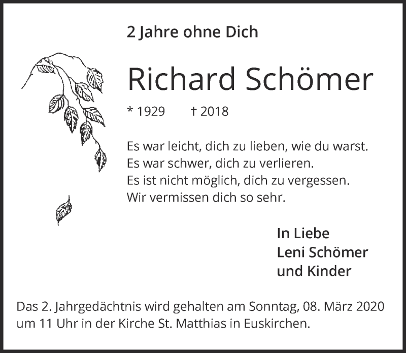  Traueranzeige für Richard Schömer vom 29.02.2020 aus  Blickpunkt Euskirchen 