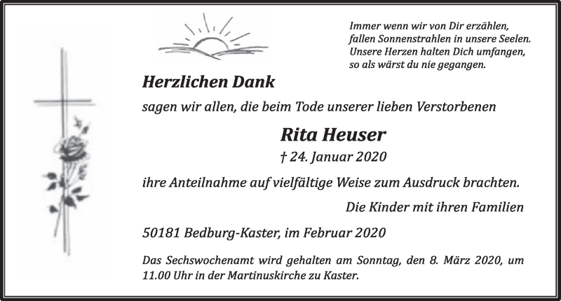  Traueranzeige für Rita Heuser vom 29.02.2020 aus  Sonntags-Post 