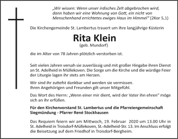 Anzeige von Rita Klein von Kölner Stadt-Anzeiger / Kölnische Rundschau / Express