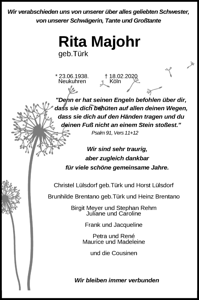  Traueranzeige für Rita Majohr vom 21.02.2020 aus Kölner Stadt-Anzeiger / Kölnische Rundschau / Express