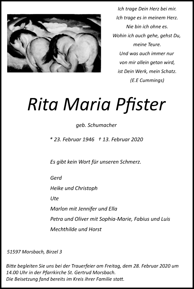  Traueranzeige für Rita Maria Pfister vom 22.02.2020 aus Kölner Stadt-Anzeiger / Kölnische Rundschau / Express