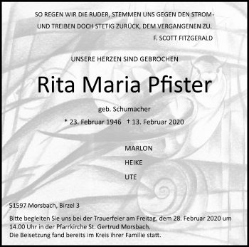 Anzeige von Rita Maria Pfister von Kölner Stadt-Anzeiger / Kölnische Rundschau / Express