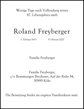 Anzeige von Roland Freyberger von Kölner Stadt-Anzeiger / Kölnische Rundschau / Express