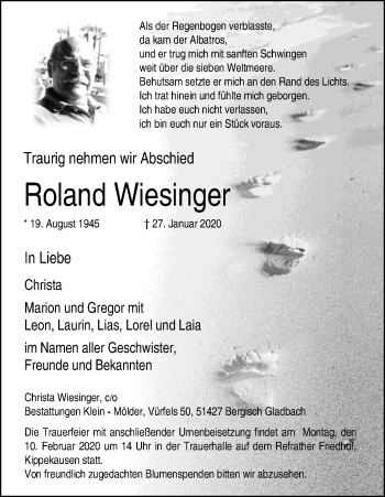 Anzeige von Roland Wiesinger von Kölner Stadt-Anzeiger / Kölnische Rundschau / Express