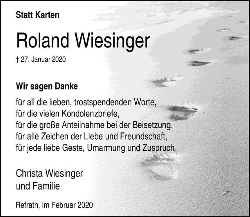  Traueranzeige für Roland Wiesinger vom 26.02.2020 aus  Bergisches Handelsblatt 