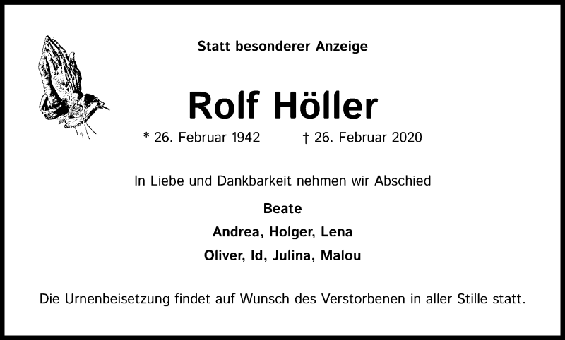  Traueranzeige für Rolf Höller vom 29.02.2020 aus Kölner Stadt-Anzeiger / Kölnische Rundschau / Express