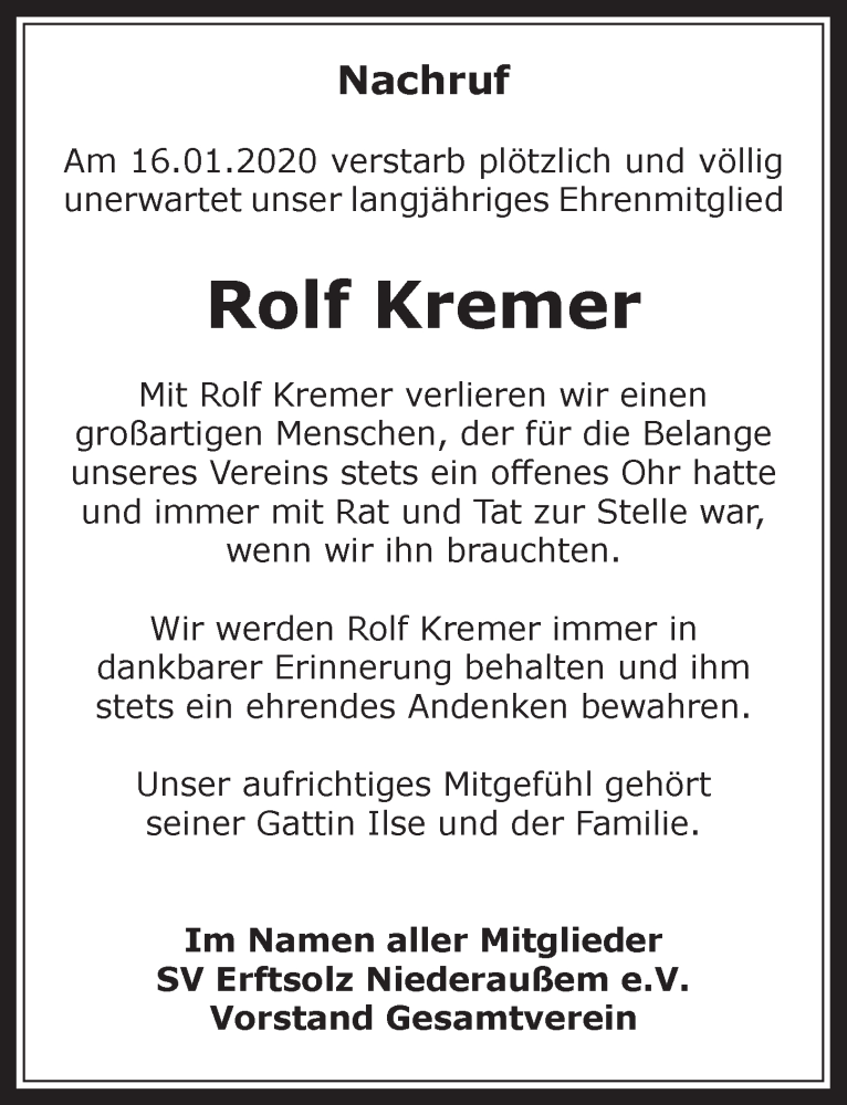  Traueranzeige für Rolf Kremer vom 05.02.2020 aus  Werbepost 