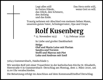 Anzeige von Rolf Kusenberg von Kölner Stadt-Anzeiger / Kölnische Rundschau / Express