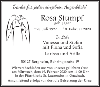 Anzeige von Rosa Stumpf von  Sonntags-Post 
