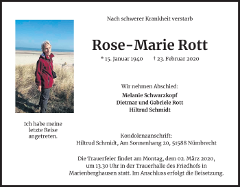 Anzeige von Rose-Marie Rott von Kölner Stadt-Anzeiger / Kölnische Rundschau / Express