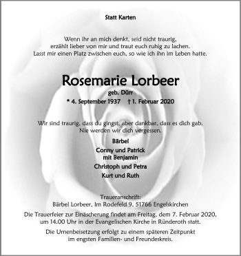 Anzeige von Rosemarie Lorbeer von Kölner Stadt-Anzeiger / Kölnische Rundschau / Express