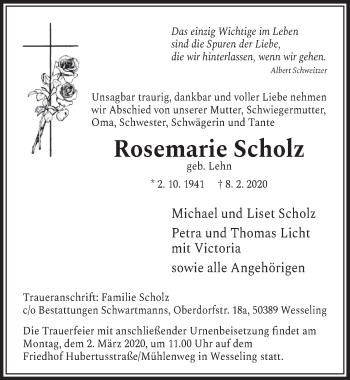 Anzeige von Rosemarie Scholz von  Schlossbote/Werbekurier 