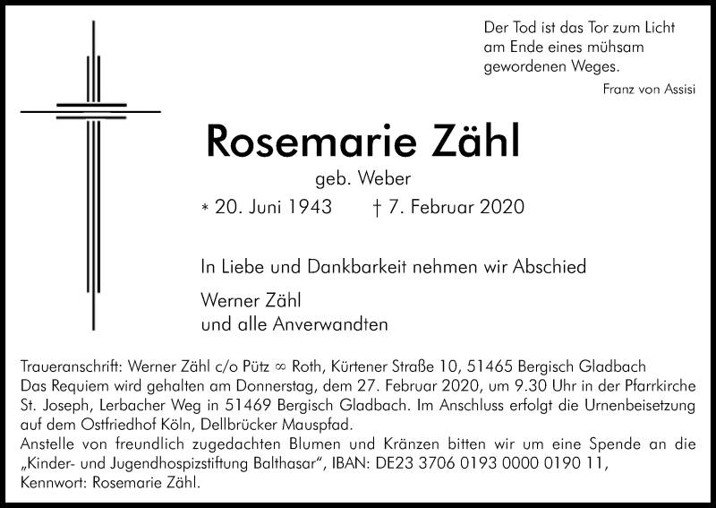  Traueranzeige für Rosemarie Zähl vom 15.02.2020 aus Kölner Stadt-Anzeiger / Kölnische Rundschau / Express