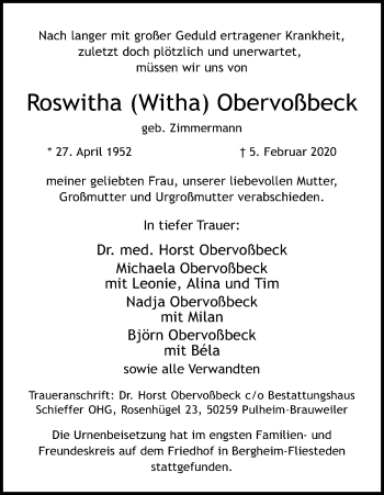 Anzeige von Roswitha Obervoßbeck von Kölner Stadt-Anzeiger / Kölnische Rundschau / Express