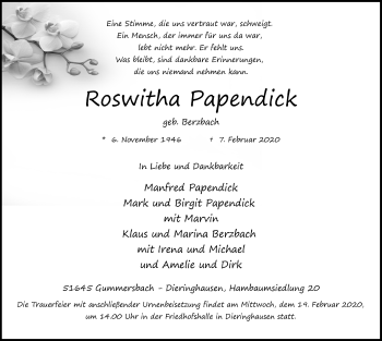 Anzeige von Roswitha Papendick von  Anzeigen Echo 