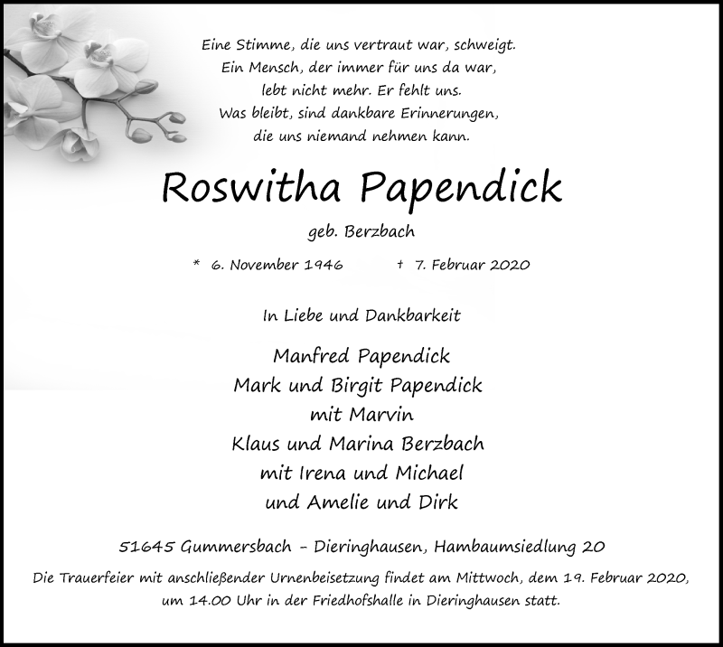  Traueranzeige für Roswitha Papendick vom 12.02.2020 aus  Anzeigen Echo 
