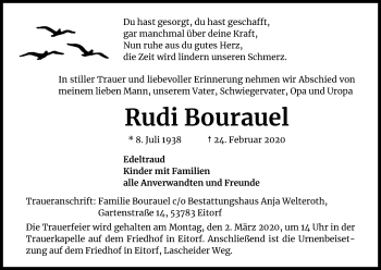 Anzeige von Rudi Bourauel von Kölner Stadt-Anzeiger / Kölnische Rundschau / Express
