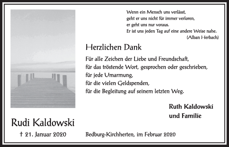  Traueranzeige für Rudi Kaldowski vom 29.02.2020 aus  Sonntags-Post 