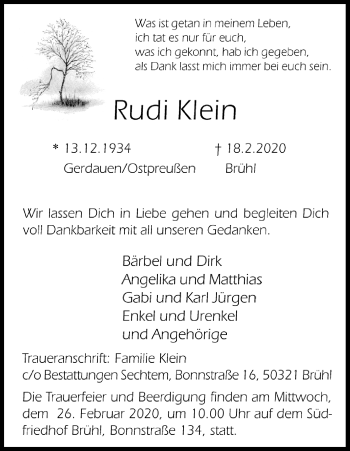 Anzeige von Rudi Klein von Kölner Stadt-Anzeiger / Kölnische Rundschau / Express