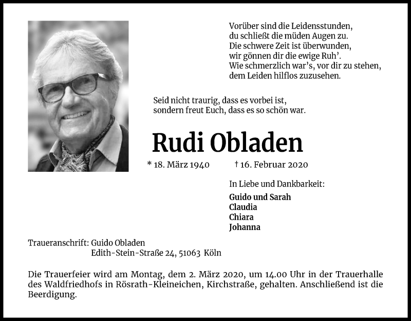  Traueranzeige für Rudi Obladen vom 22.02.2020 aus Kölner Stadt-Anzeiger / Kölnische Rundschau / Express