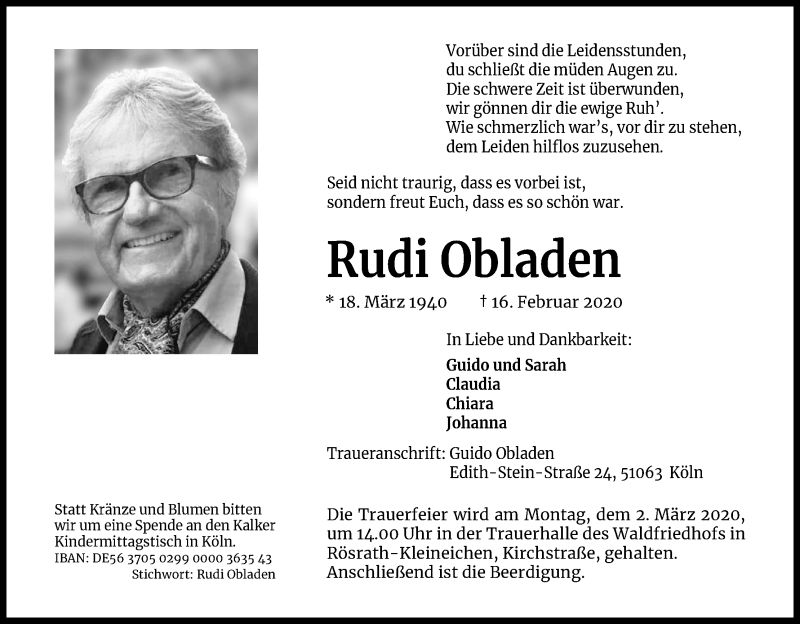 Traueranzeige für Rudi Obladen vom 29.02.2020 aus Kölner Stadt-Anzeiger / Kölnische Rundschau / Express