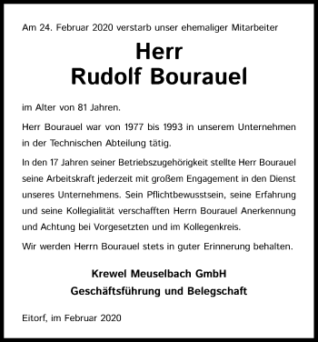 Anzeige von Rudolf Bourauel von Kölner Stadt-Anzeiger / Kölnische Rundschau / Express