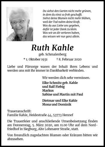 Anzeige von Ruth Kahle von Kölner Stadt-Anzeiger / Kölnische Rundschau / Express