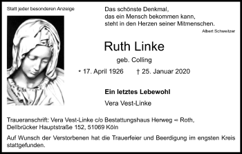Anzeige von Ruth Linke von Kölner Stadt-Anzeiger / Kölnische Rundschau / Express