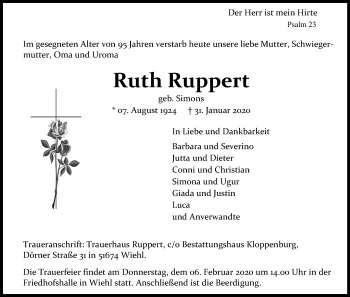 Anzeige von Ruth Ruppert von Kölner Stadt-Anzeiger / Kölnische Rundschau / Express