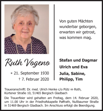 Anzeige von Ruth Vogeno von Kölner Stadt-Anzeiger / Kölnische Rundschau / Express