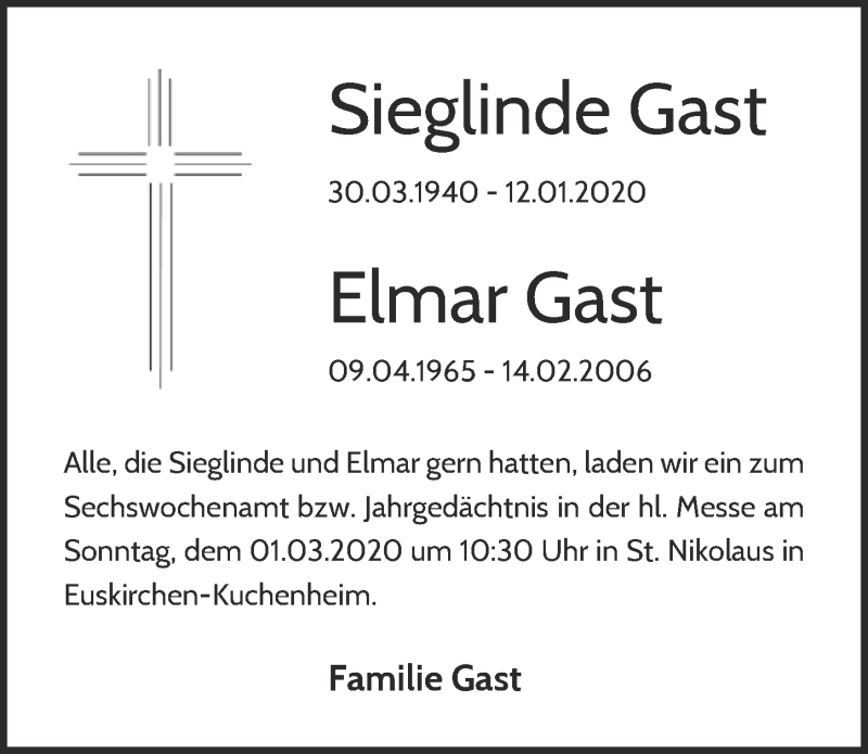  Traueranzeige für Sieglinde Gast vom 22.02.2020 aus  Blickpunkt Euskirchen 