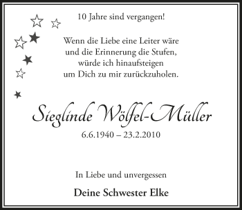 Anzeige von Sieglinde Wölfel-Müller von  Lokalanzeiger 
