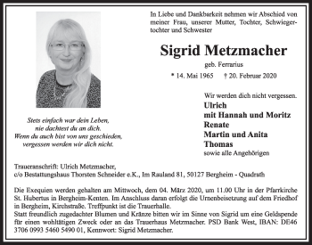Anzeige von Sigrid Metzmacher von  Sonntags-Post 
