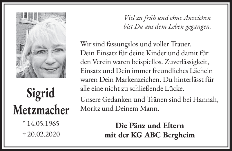  Traueranzeige für Sigrid Metzmacher vom 29.02.2020 aus  Sonntags-Post 