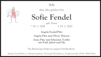 Anzeige von Sofie Fendel von Kölner Stadt-Anzeiger / Kölnische Rundschau / Express