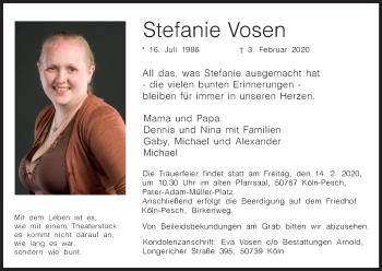 Anzeige von Stefanie Vosen von Kölner Stadt-Anzeiger / Kölnische Rundschau / Express