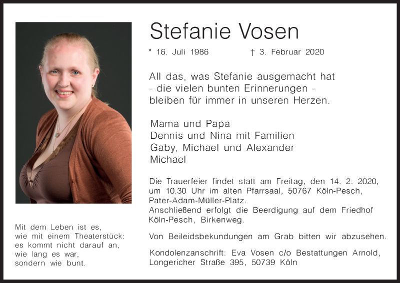  Traueranzeige für Stefanie Vosen vom 08.02.2020 aus Kölner Stadt-Anzeiger / Kölnische Rundschau / Express