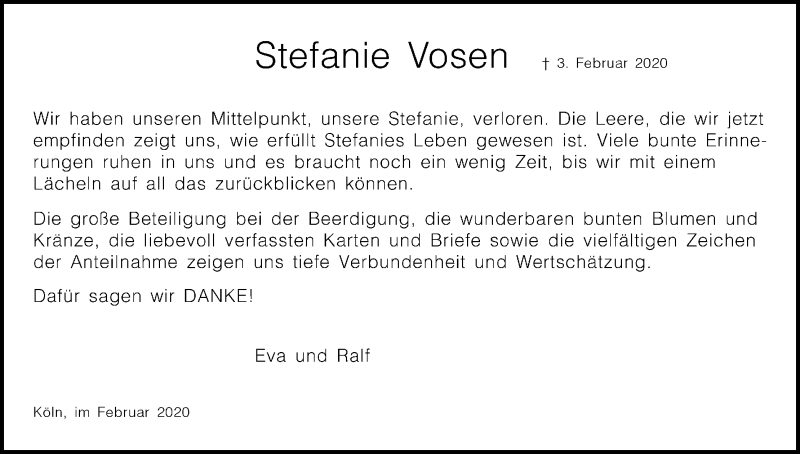  Traueranzeige für Stefanie Vosen vom 29.02.2020 aus Kölner Stadt-Anzeiger / Kölnische Rundschau / Express