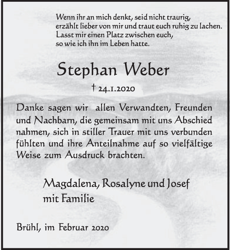  Traueranzeige für Stephan Weber vom 19.02.2020 aus  Schlossbote/Werbekurier 