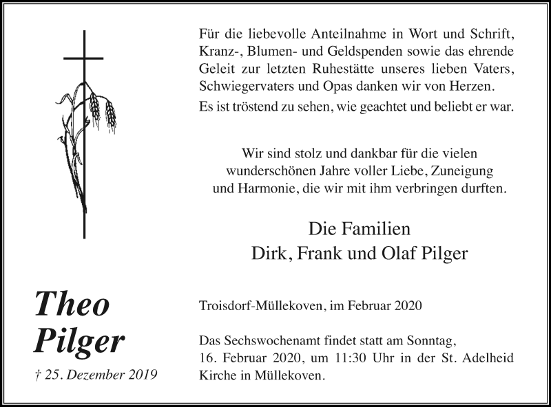  Traueranzeige für Theo Pilger vom 08.02.2020 aus Kölner Stadt-Anzeiger / Kölnische Rundschau / Express