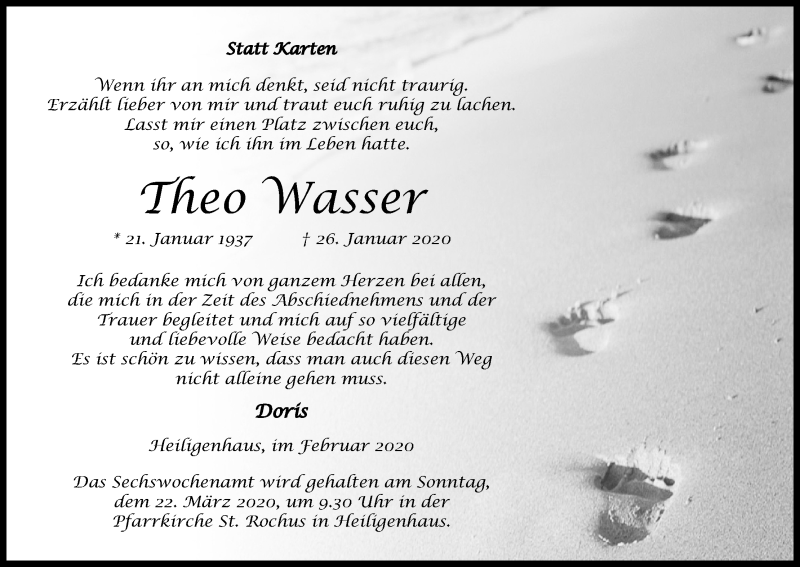  Traueranzeige für Theo Wasser vom 29.02.2020 aus Kölner Stadt-Anzeiger / Kölnische Rundschau / Express