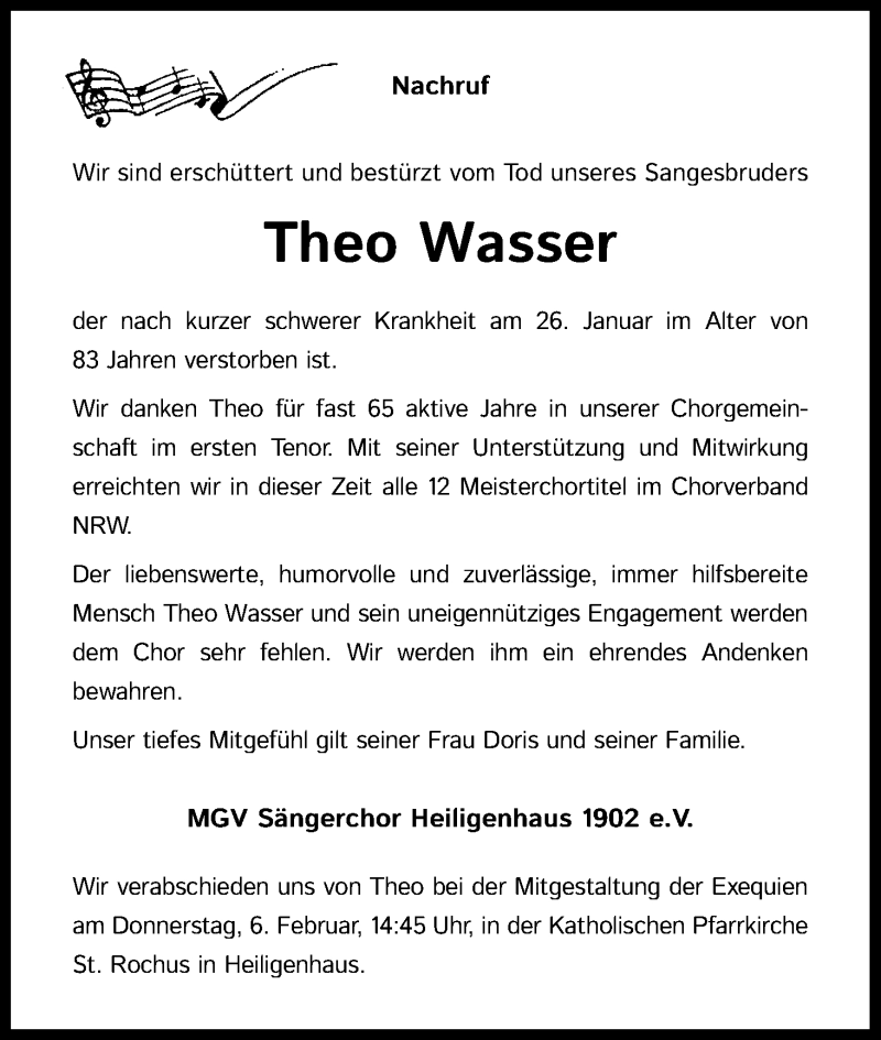  Traueranzeige für Theo Wasser vom 05.02.2020 aus Kölner Stadt-Anzeiger / Kölnische Rundschau / Express