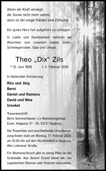 Anzeige von Theo Zils von Kölner Stadt-Anzeiger / Kölnische Rundschau / Express