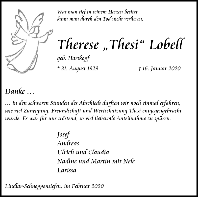  Traueranzeige für Therese  Lobell vom 29.02.2020 aus Kölner Stadt-Anzeiger / Kölnische Rundschau / Express