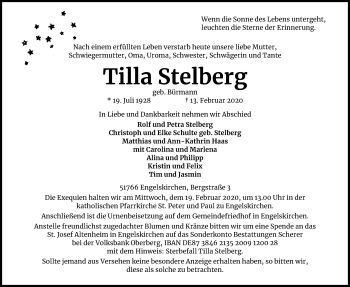 Anzeige von Tilla Stelberg von Kölner Stadt-Anzeiger / Kölnische Rundschau / Express
