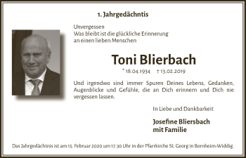 Anzeige von Toni Blierbach von  Schaufenster/Blickpunkt  Schlossbote/Werbekurier 