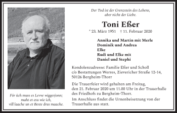 Anzeige von Toni Eßer von  Sonntags-Post 