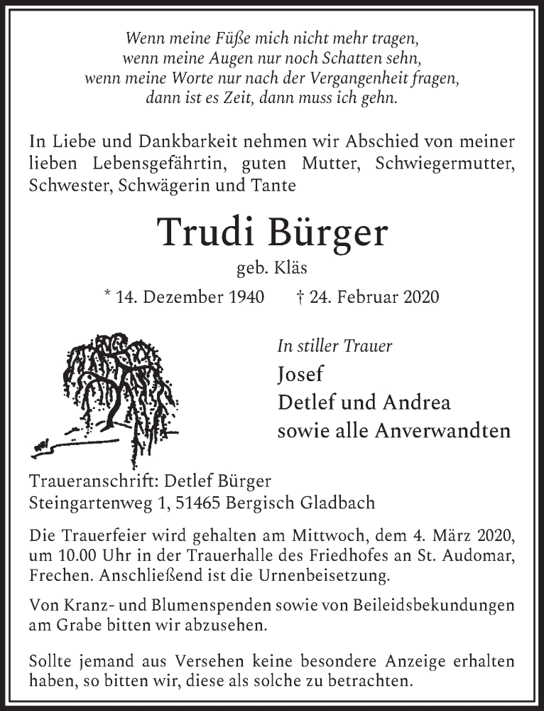  Traueranzeige für Trudi Bürger vom 29.02.2020 aus  Sonntags-Post 
