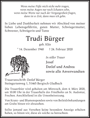 Anzeige von Trudi Bürger von  Sonntags-Post 