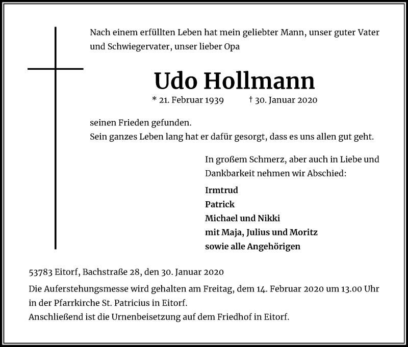  Traueranzeige für Udo Hollmann vom 12.02.2020 aus Kölner Stadt-Anzeiger / Kölnische Rundschau / Express